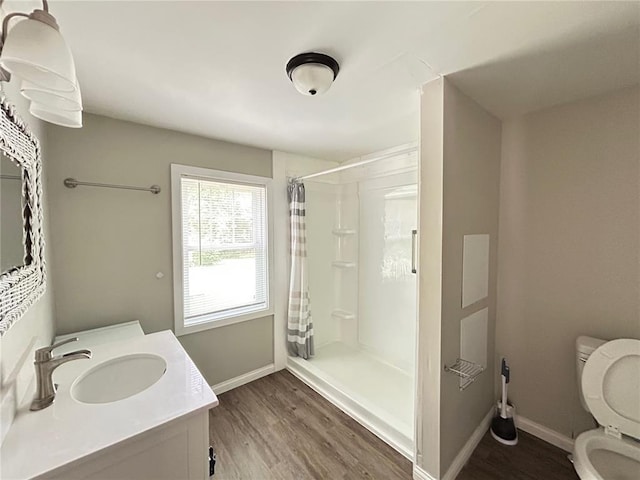 500 S Warfel St, Salem, MO 65560 - bathroom with wood finished floors, toilet, baseboards, curtained shower, and vanity