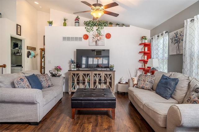 983 Fairway Dr, Union, MO 63084 - living room featuring ceiling fan, wood finished floors, and high vaulted ceiling