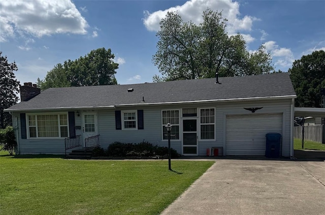 301 S Elm St, Malden, MO 63863 - ranch-style house featuring concrete driveway, a front yard, a chimney, and a garage