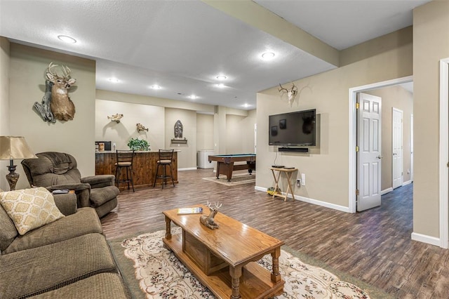 1308 Maggie Cir, Bonne Terre, MO 63628 - living room with dark wood-style flooring, baseboards, billiards, bar area, and recessed lighting