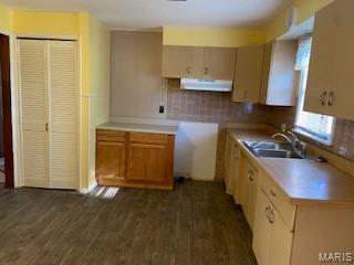 208 Edwards Ave, Sikeston, MO 63801 - kitchen with a sink, ventilation hood, backsplash, and dark wood-type flooring
