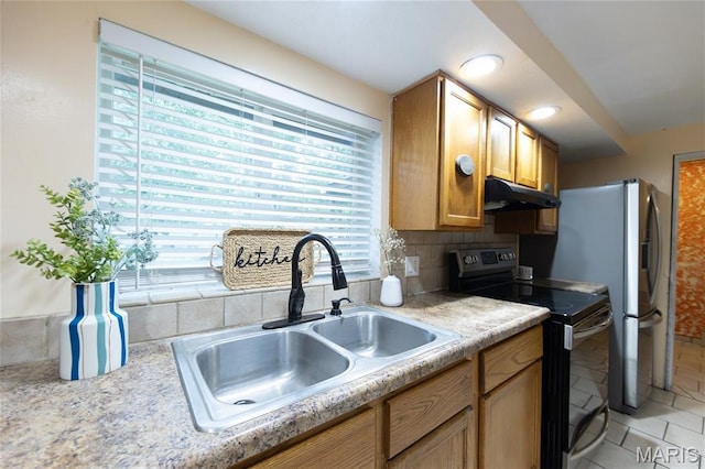11230 W Little Oaks Rd, Rolla, MO 65401 - kitchen with electric stove, a sink, under cabinet range hood, and plenty of natural light