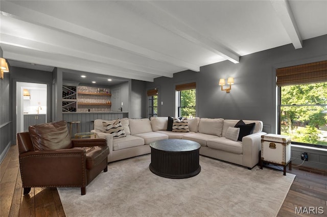 50 Lake Forest Dr, Richmond Heights, MO 63117 - living area with beamed ceiling and wood finished floors