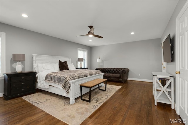 50 Lake Forest Dr, Richmond Heights, MO 63117 - bedroom featuring dark wood-style flooring, recessed lighting, baseboards, and ceiling fan