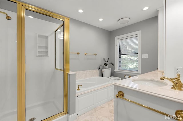 50 Lake Forest Dr, Richmond Heights, MO 63117 - full bath featuring a stall shower, a bath, marble look tile flooring, vanity, and recessed lighting