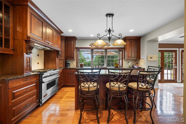 2785 Marble Springs Rd, Barnhart, MO 63012 - kitchen featuring high end stainless steel range, light wood-style floors, a breakfast bar area, recessed lighting, and backsplash
