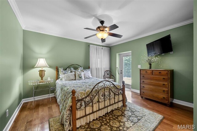 2785 Marble Springs Rd, Barnhart, MO 63012 - bedroom featuring wood finished floors, ornamental molding, baseboards, a ceiling fan, and access to outside