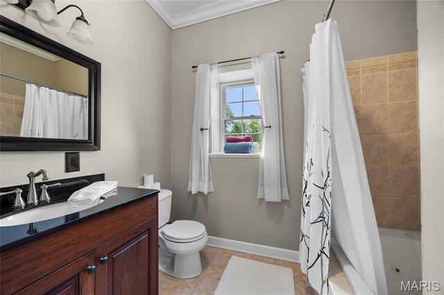 2785 Marble Springs Rd, Barnhart, MO 63012 - bathroom featuring crown molding, vanity, shower / tub combo with curtain, toilet, and tile patterned flooring