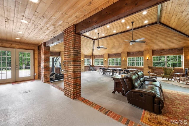 2785 Marble Springs Rd, Barnhart, MO 63012 - living room with wooden ceiling, recessed lighting, vaulted ceiling, wood walls, and ceiling fan