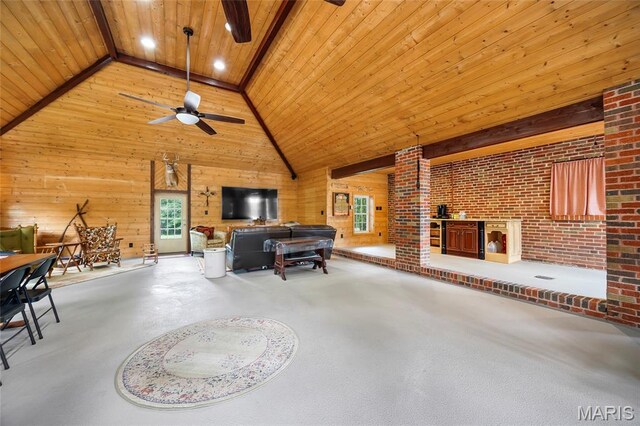 2785 Marble Springs Rd, Barnhart, MO 63012 - living room featuring a ceiling fan, wood ceiling with exposed beams, wood walls, high vaulted ceiling, and recessed lighting