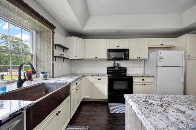 2785 Marble Springs Rd, Barnhart, MO 63012 - kitchen featuring black appliances, a sink, light stone countertops, dark wood-type flooring, and open shelves