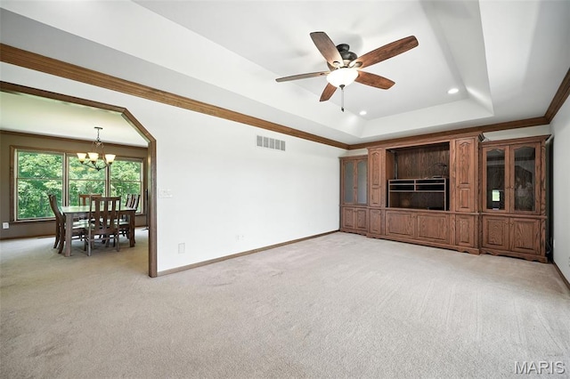 20731 Columbine Dr, Warrenton, MO 63383 - unfurnished living room with a raised ceiling, a chandelier, light carpet, ceiling fan, and recessed lighting