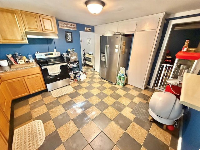 723 Ada St, Bismarck, MO 63624 - kitchen featuring stainless steel appliances, under cabinet range hood, light countertops, and light brown cabinetry