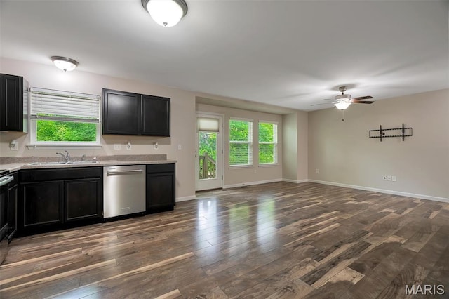 32 Loris Ln, Saint Charles, MO 63303 - kitchen featuring dishwasher, dark wood finished floors, ceiling fan, open floor plan, and dark cabinetry