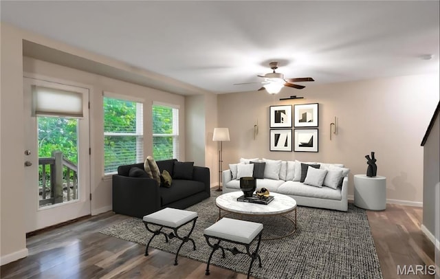 32 Loris Ln, Saint Charles, MO 63303 - living room featuring wood finished floors and ceiling fan