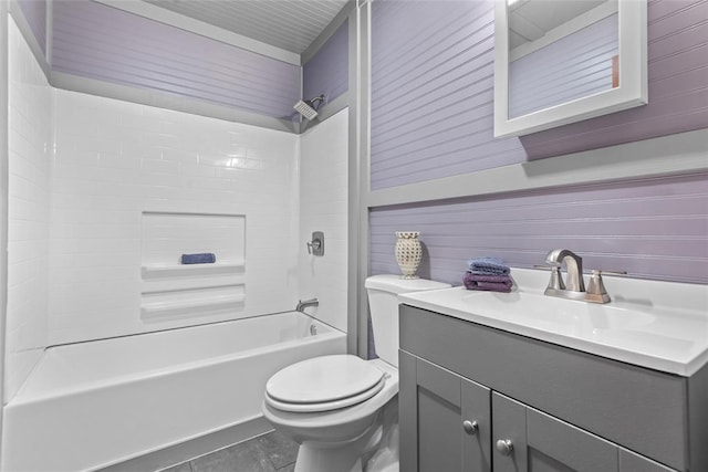 9268 Pin Oak Rd, Edwardsville, IL 62025 - full bath with shower / washtub combination, vanity, toilet, wood walls, and tile patterned floors