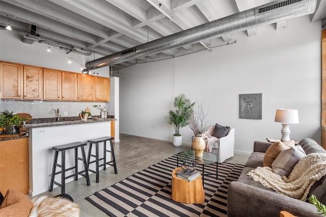 1720 Chouteau Ave Unit 303, Saint Louis, MO 63103 - living room featuring finished concrete floors and bar with sink