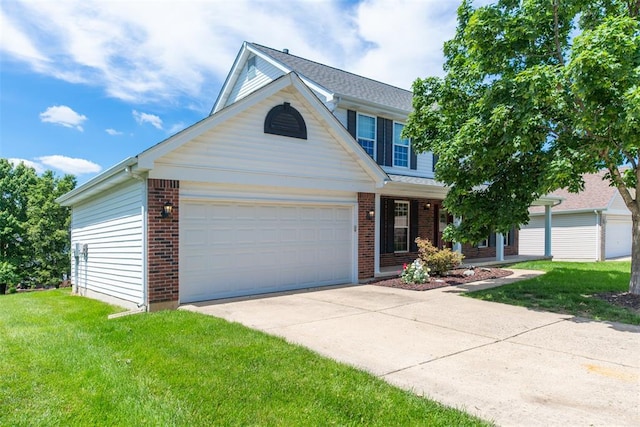 326 Merrimac Downs, Saint Peters, MO 63376 - traditional-style house with a front yard, a porch, brick siding, an attached garage, and driveway