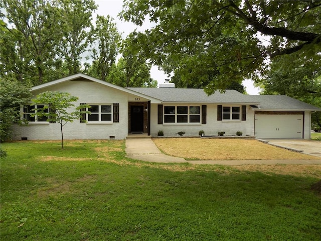 633 E Eldon St, St James, MO 65559 - single story home featuring a garage, crawl space, a chimney, driveway, and a front lawn