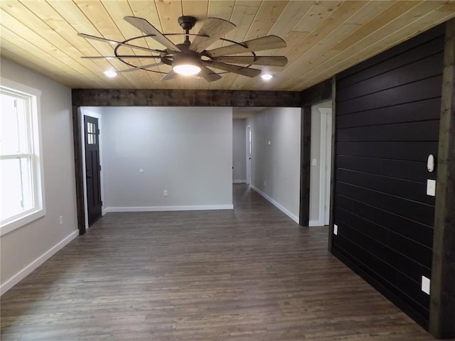 633 E Eldon St, St James, MO 65559 - unfurnished room featuring wood ceiling, a ceiling fan, dark wood-style flooring, and baseboards
