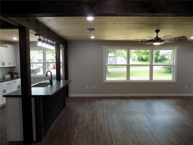 633 E Eldon St, St James, MO 65559 - kitchen featuring a sink, dark countertops, white cabinets, dark wood-style flooring, and baseboards