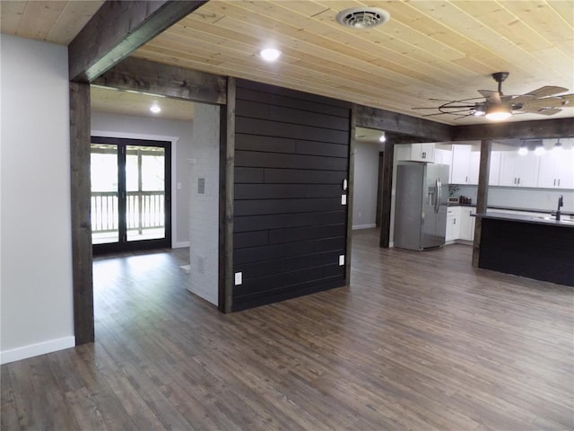 633 E Eldon St, St James, MO 65559 - unfurnished living room featuring wood ceiling, a ceiling fan, dark wood-style floors, a sink, and baseboards