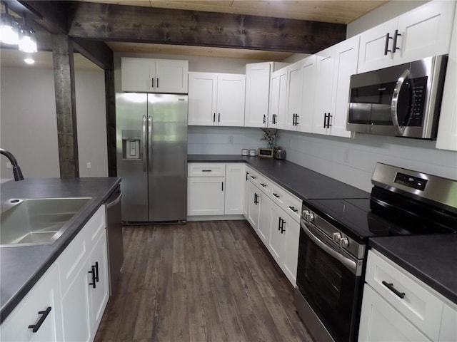 633 E Eldon St, St James, MO 65559 - kitchen with appliances with stainless steel finishes, a sink, dark countertops, beamed ceiling, and dark wood finished floors