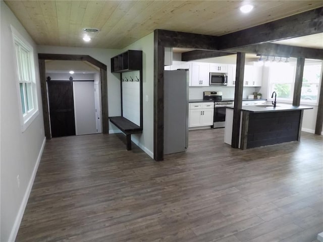 633 E Eldon St, St James, MO 65559 - kitchen featuring stainless steel appliances, a sink, a barn door, dark countertops, and baseboards