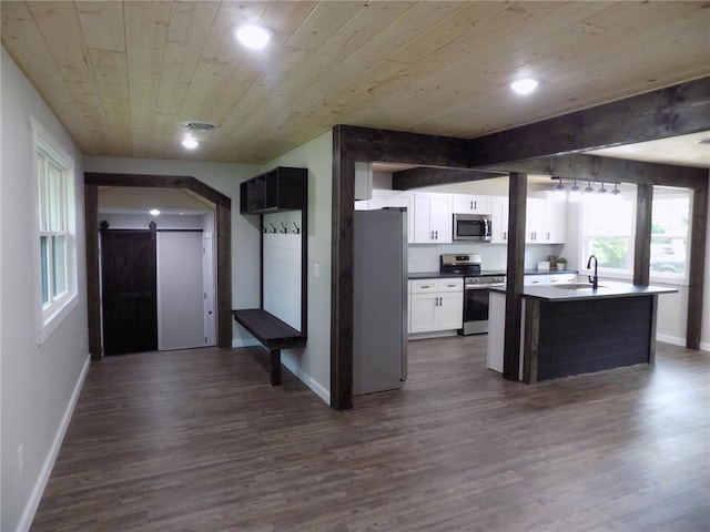 633 E Eldon St, St James, MO 65559 - kitchen featuring appliances with stainless steel finishes, a barn door, a sink, wooden ceiling, and baseboards
