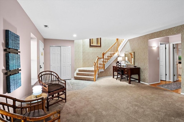 537 Colebrook Dr Unit C, Webster Groves, MO 63119 - living area featuring stairs, carpet floors, baseboards, and wallpapered walls