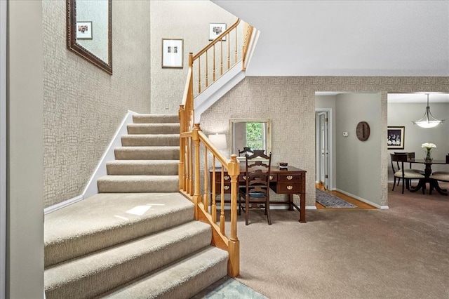 537 Colebrook Dr Unit C, Webster Groves, MO 63119 - stairway featuring carpet, a high ceiling, and baseboards