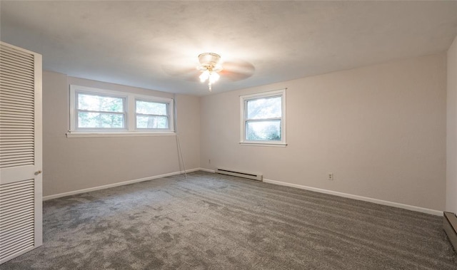 17130 State Route F, St James, MO 65559 - unfurnished bedroom featuring a baseboard radiator, carpet flooring, baseboards, a baseboard heating unit, and a ceiling fan