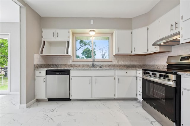 11550 Rock Hampton Dr, Hazelwood, MO 63138 - kitchen with appliances with stainless steel finishes, under cabinet range hood, a sink, light marble finish flooring, and white cabinets