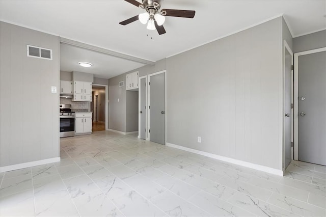 11550 Rock Hampton Dr, Hazelwood, MO 63138 - unfurnished living room featuring baseboards, a ceiling fan, light marble finish flooring, and ornamental molding