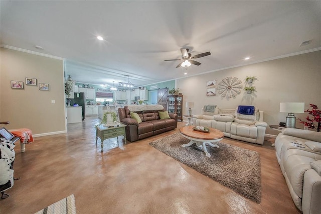 14901 State Route Ff, Edgar Springs, MO 65462 - living area with ceiling fan, finished concrete floors, baseboards, crown molding, and a chandelier