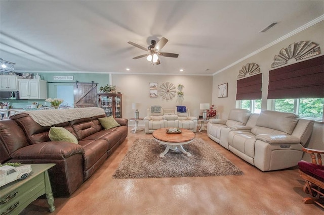 14901 State Route Ff, Edgar Springs, MO 65462 - living area featuring crown molding, ceiling fan, light wood finished floors, and recessed lighting