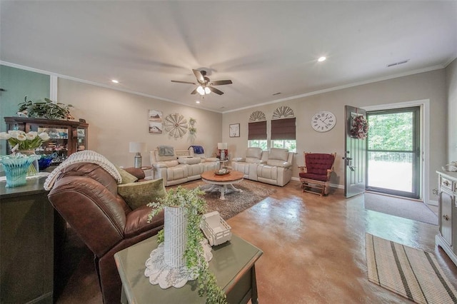 14901 State Route Ff, Edgar Springs, MO 65462 - living room featuring finished concrete flooring, a ceiling fan, ornamental molding, recessed lighting, and baseboards