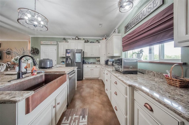 14901 State Route Ff, Edgar Springs, MO 65462 - kitchen with appliances with stainless steel finishes, ornamental molding, white cabinets, a sink, and a chandelier