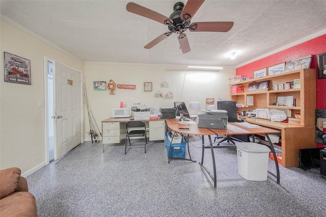 14901 State Route Ff, Edgar Springs, MO 65462 - office area with ceiling fan, baseboards, speckled floor, and a textured ceiling