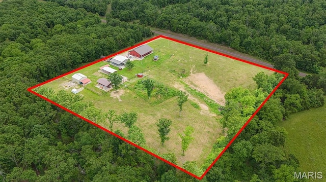 14901 State Route Ff, Edgar Springs, MO 65462 - aerial view of property and surrounding area with a forest and property boundaries highlighted
