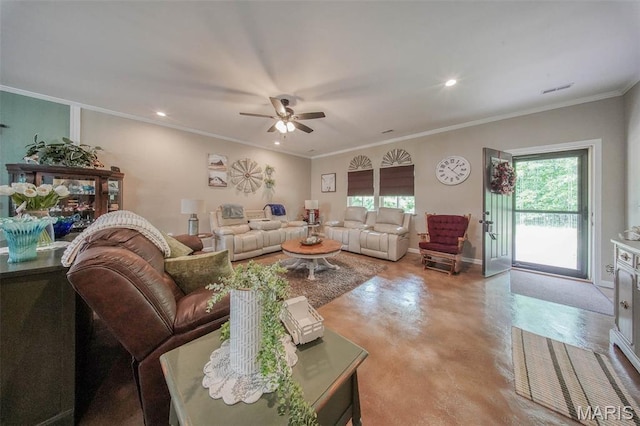 14901 State Route Ff, Edgar Springs, MO 65462 - living area with concrete flooring, ceiling fan, crown molding, and recessed lighting