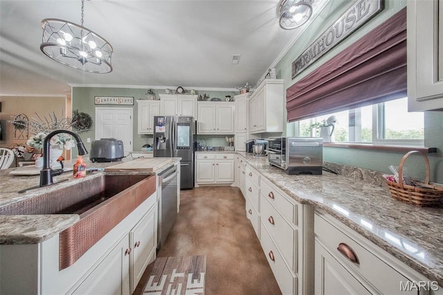 14901 State Route Ff, Edgar Springs, MO 65462 - kitchen with stainless steel appliances, ornamental molding, white cabinetry, a chandelier, and decorative light fixtures