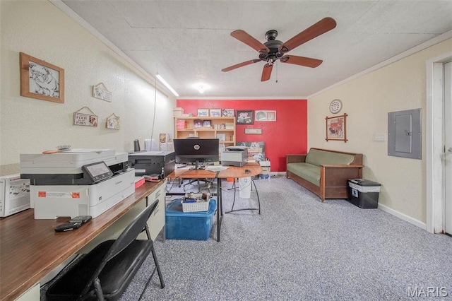 14901 State Route Ff, Edgar Springs, MO 65462 - home office featuring electric panel, ornamental molding, a ceiling fan, and carpet
