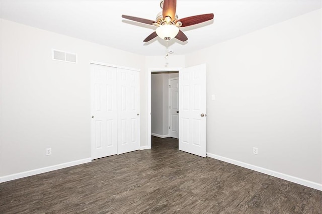 614 Palisades View Dr, Eureka, MO 63025 - unfurnished bedroom featuring dark wood-style floors, baseboards, a closet, and ceiling fan