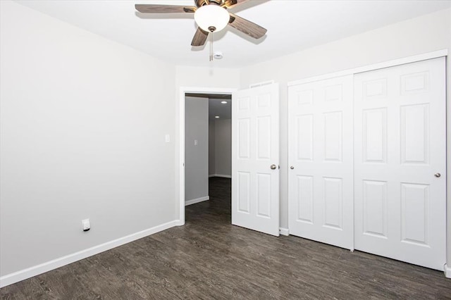614 Palisades View Dr, Eureka, MO 63025 - unfurnished bedroom featuring dark wood-style flooring, baseboards, a closet, and ceiling fan