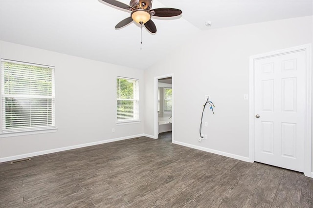 614 Palisades View Dr, Eureka, MO 63025 - unfurnished room featuring ceiling fan, dark wood-style flooring, lofted ceiling, and baseboards