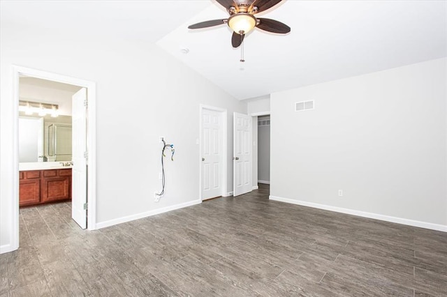 614 Palisades View Dr, Eureka, MO 63025 - unfurnished bedroom with vaulted ceiling, wood finished floors, baseboards, ensuite bathroom, and ceiling fan