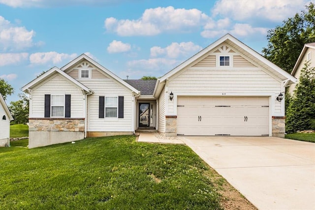 614 Palisades View Dr, Eureka, MO 63025 - ranch-style house with concrete driveway, an attached garage, a front yard, and stone siding