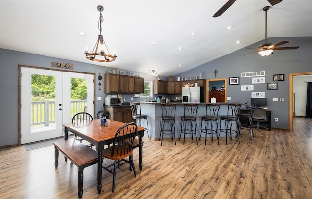 19285 State Route Ee, St James, MO 65559 - dining area with a ceiling fan, light wood-style floors, french doors, recessed lighting, and high vaulted ceiling