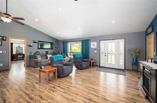 19285 State Route Ee, St James, MO 65559 - living room with light wood-style floors, ceiling fan, lofted ceiling, and recessed lighting